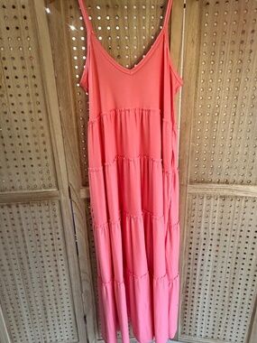 Zenana Coral Pink Tiered Maxi Dress Flowy Adjustable Straps M